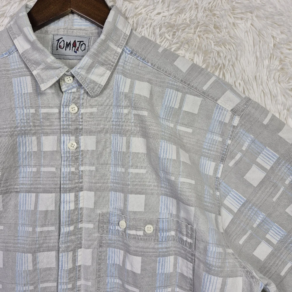 Vtg Tomato Mens XL Gray Plaid Grid Check‎ Hidden Button Up Shirt 90s Y2K Skater